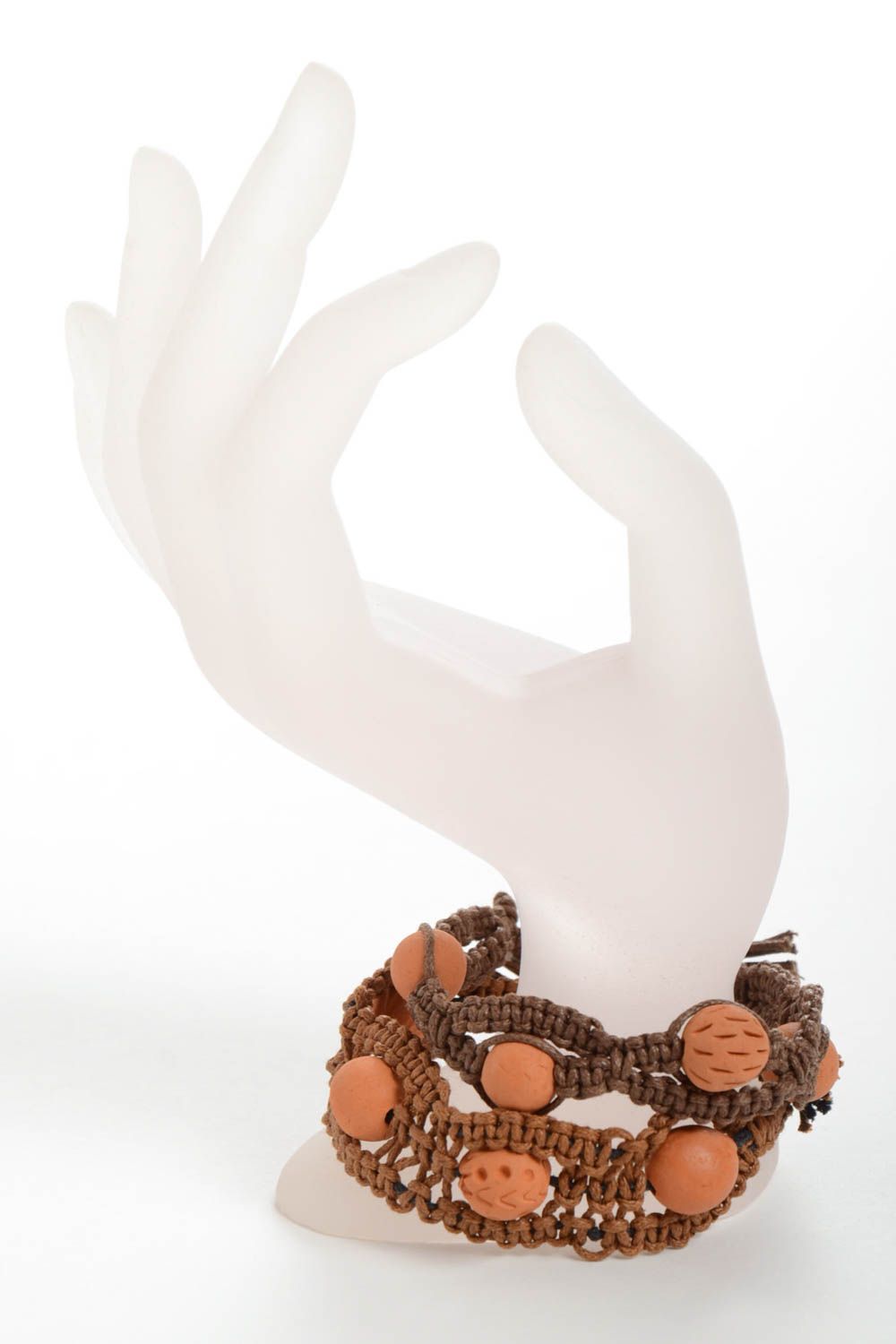 Парные браслеты плетеные из вощеного шнура и керамических бусин 2 шт хенд мейд фото 3