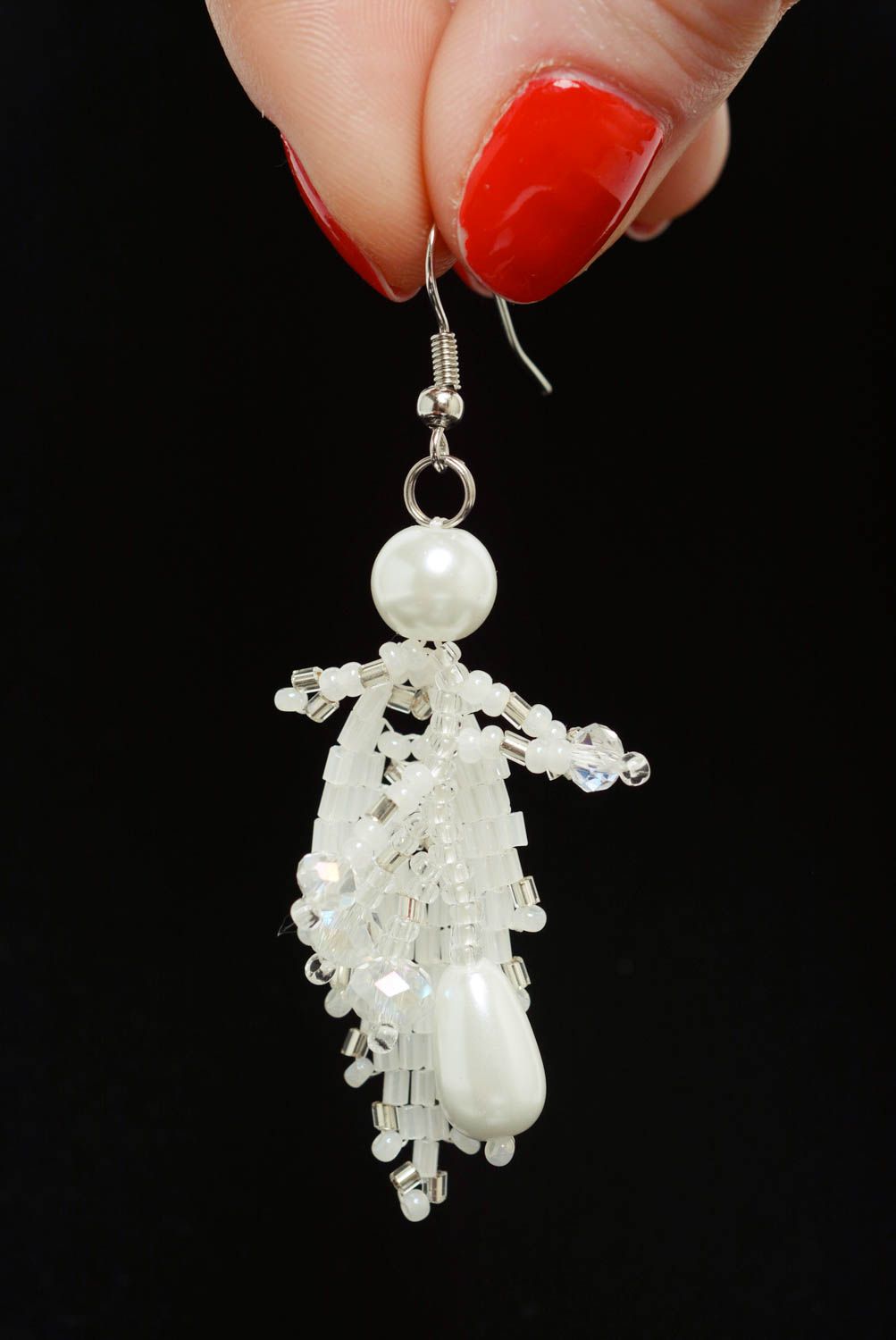 Unusual handmade designer beaded earrings with pearl-like beads photo 3