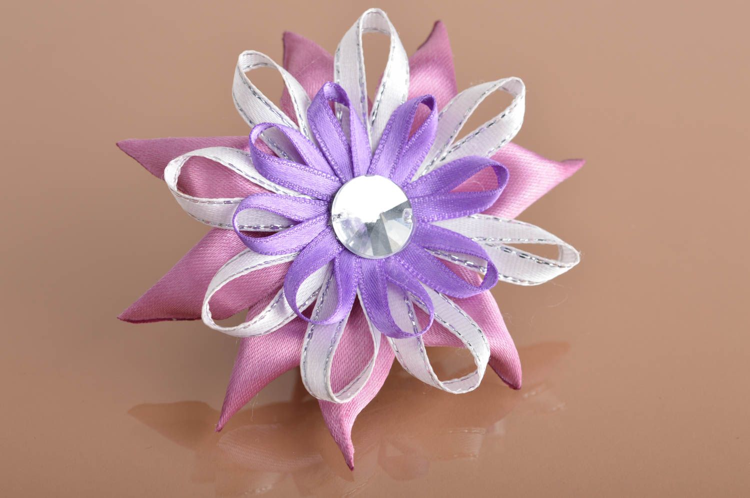 Handmade designer kanzashi flower brooch folded of satin ribbons with rhinestone photo 2