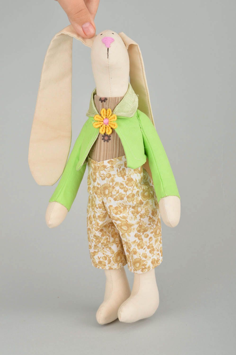 Handmade designer cotton fabric soft toy rabbit in light green jacket photo 3