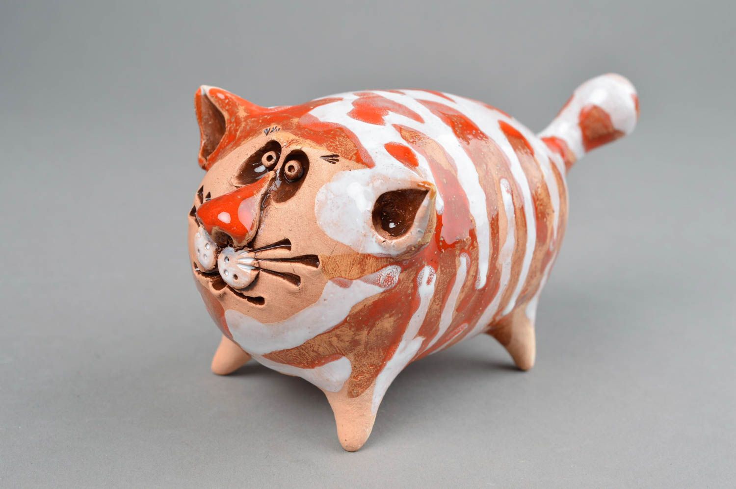 Figurine céramique peinte de glaçure colorée faite main Gros chat rouge photo 5