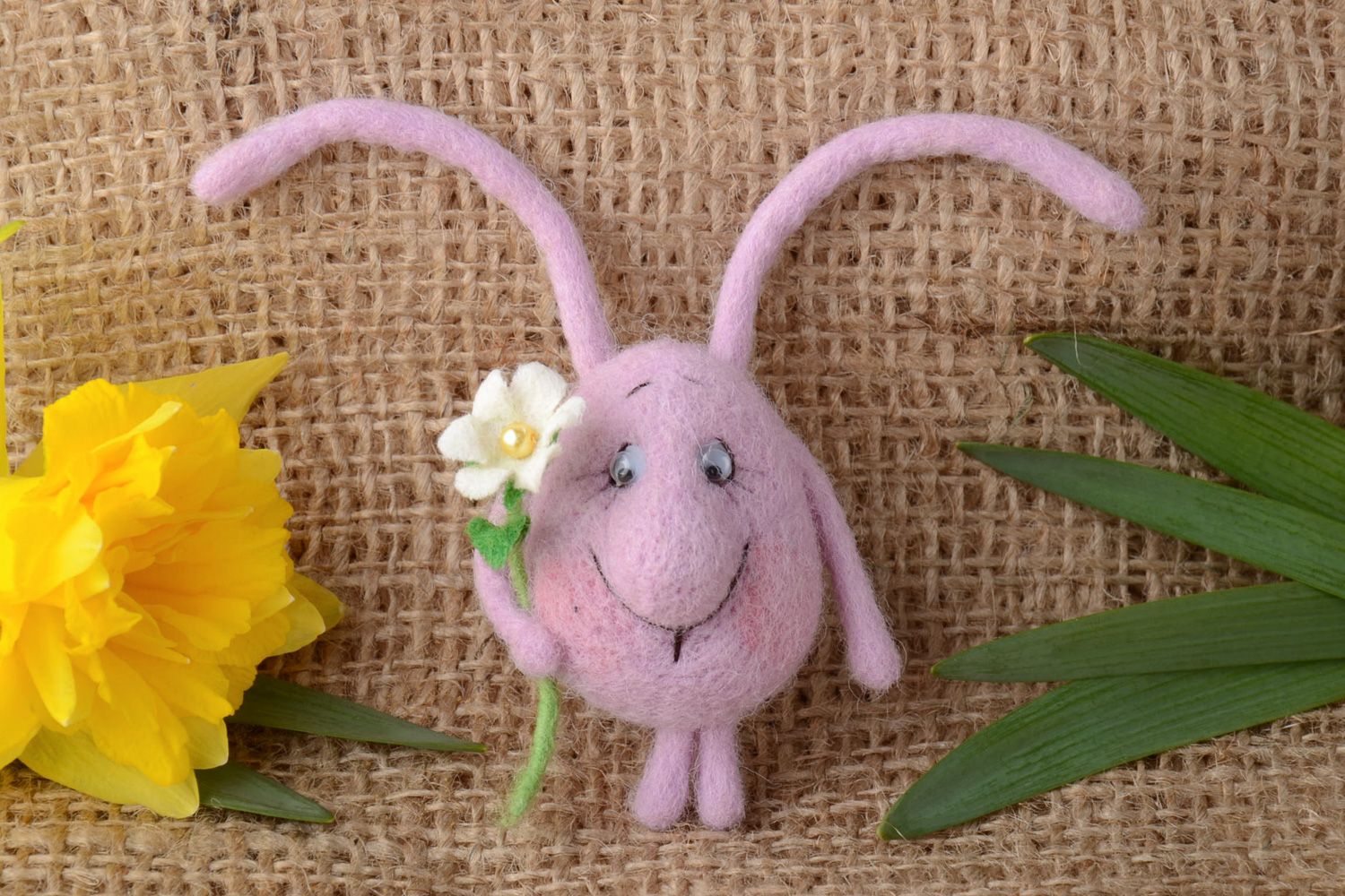 Handmade decorative fridge magnet felted of natural wool lilac rabbit with flower photo 1
