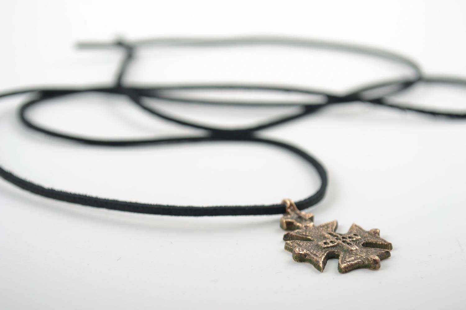 Handmade decorative small bronze next to skin cross pendant necklace on cord  photo 5