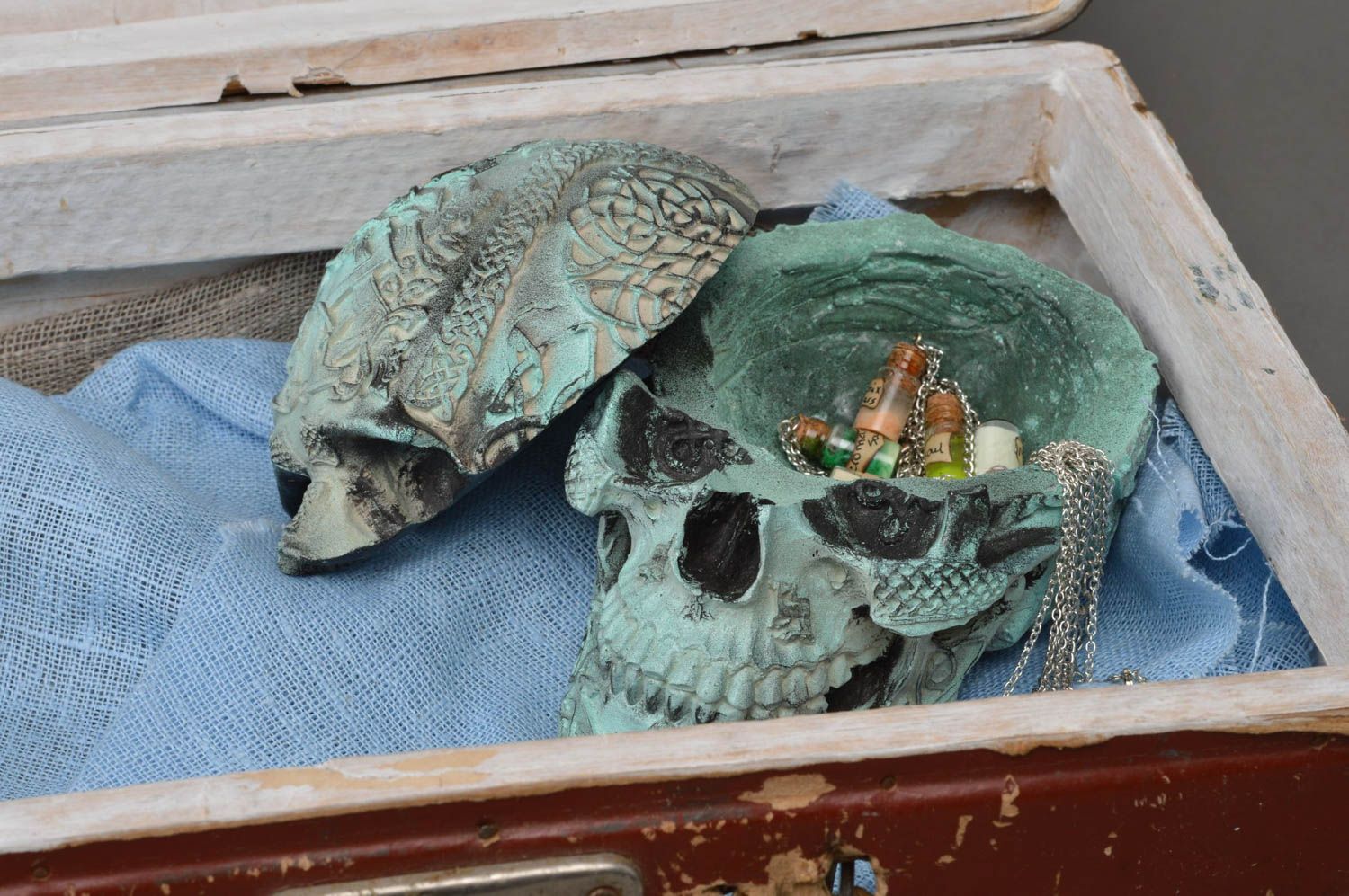 Handmade beautiful unusual jewelry box in shape of Celtic skull made of stucco photo 1