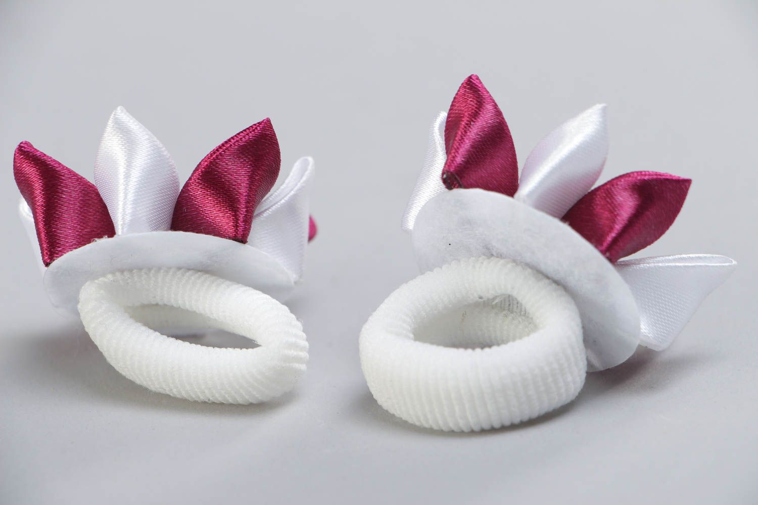Beautiful white and claret handmade satin ribbon hair ties set with flowers 2 pieces photo 4