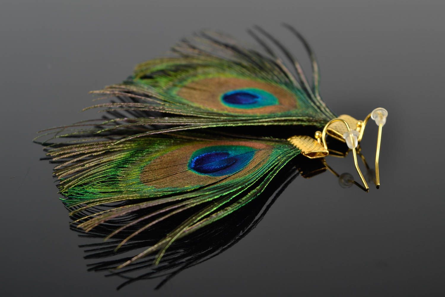 Handmade peacock feather bijouterie unique designer earrings stylish present photo 1