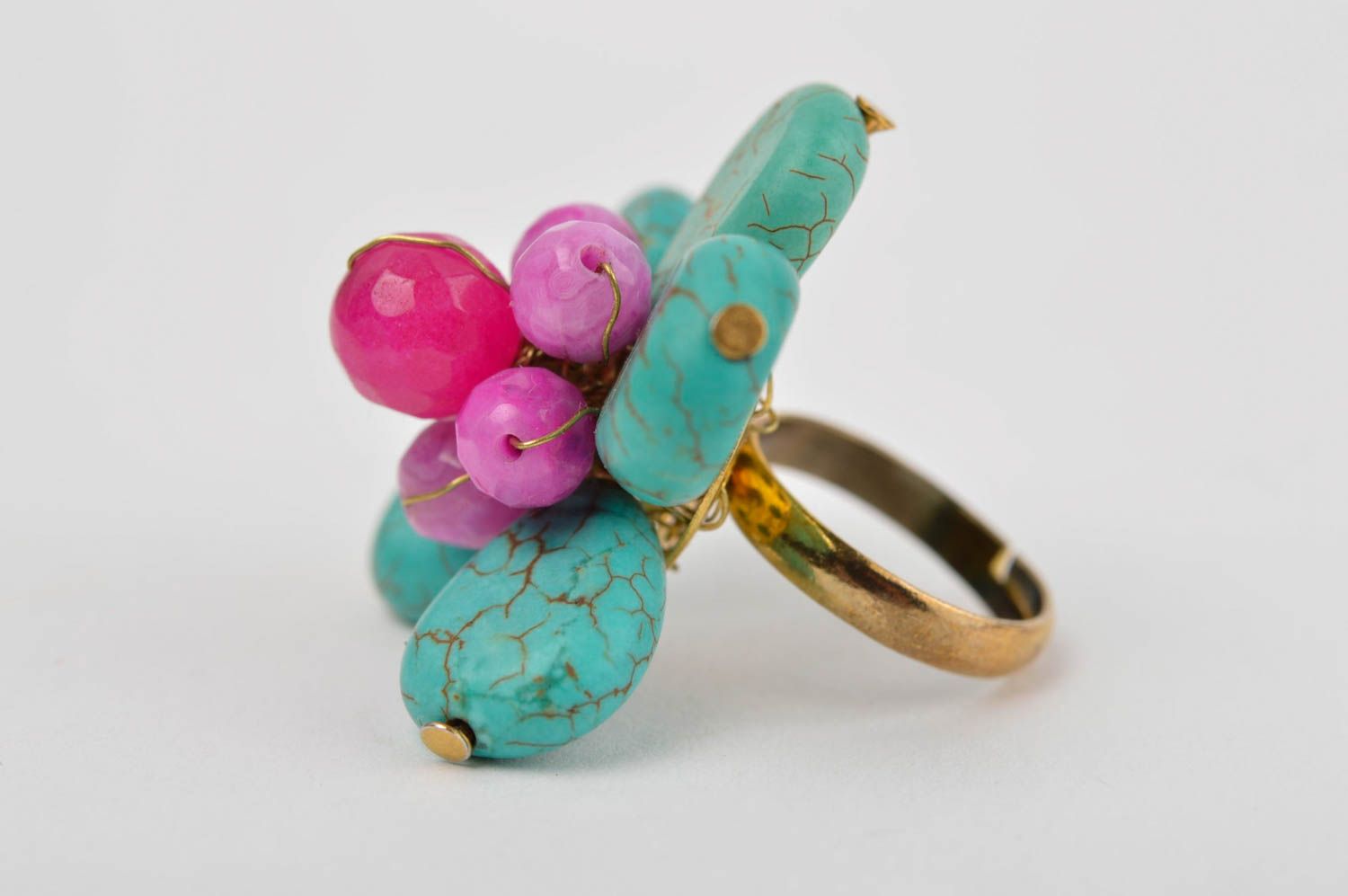 Handmade Blumen Ring Accessoire für Frauen Ring mit Stein Türkis Achat Nephrit foto 3