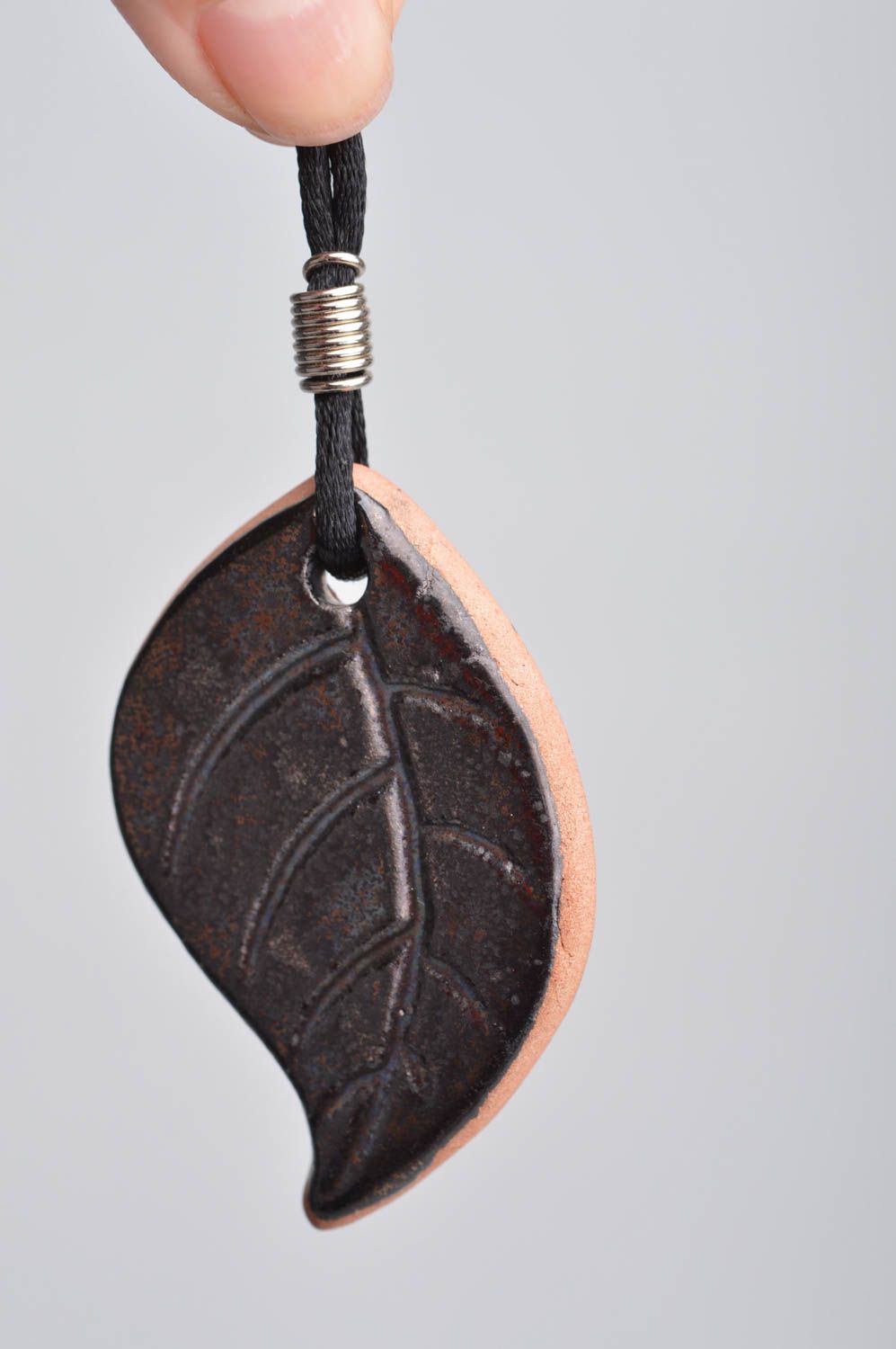 Beautiful handmade unusual clay leaf shaped pendant painted with glaze photo 3