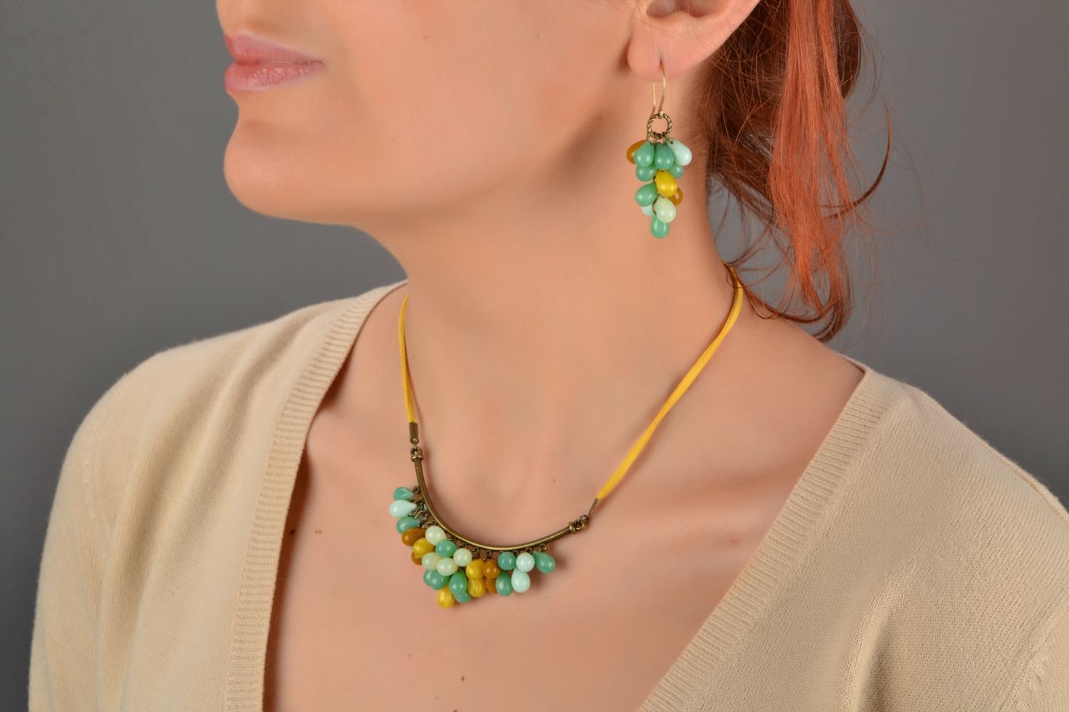 Beautiful handmade long earrings with Czech glass beads Turquoise Grapes photo 2