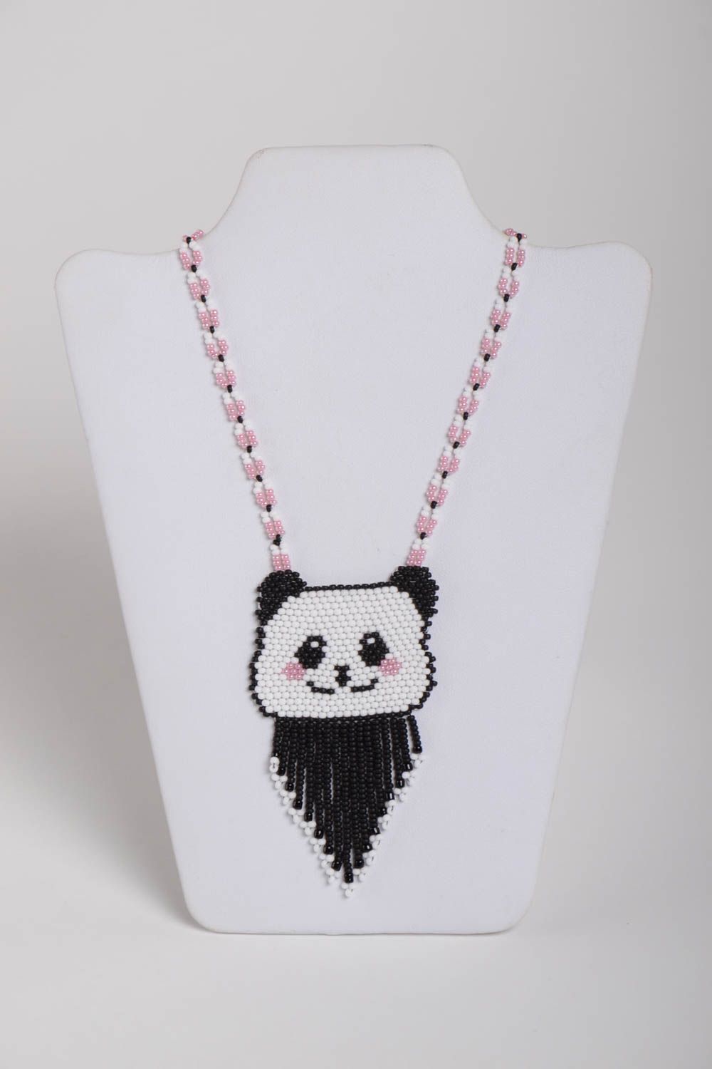 Pendentif panda fait main en perles de rocaille blanc avec noir petit long photo 2
