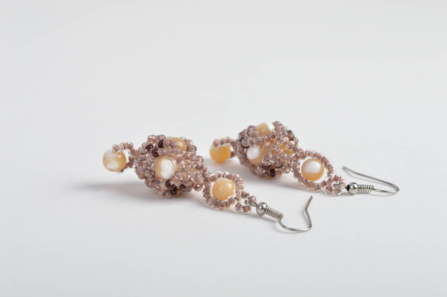 Designer seed beaded earrings with pearl finish handmade unique bijouterie photo 5