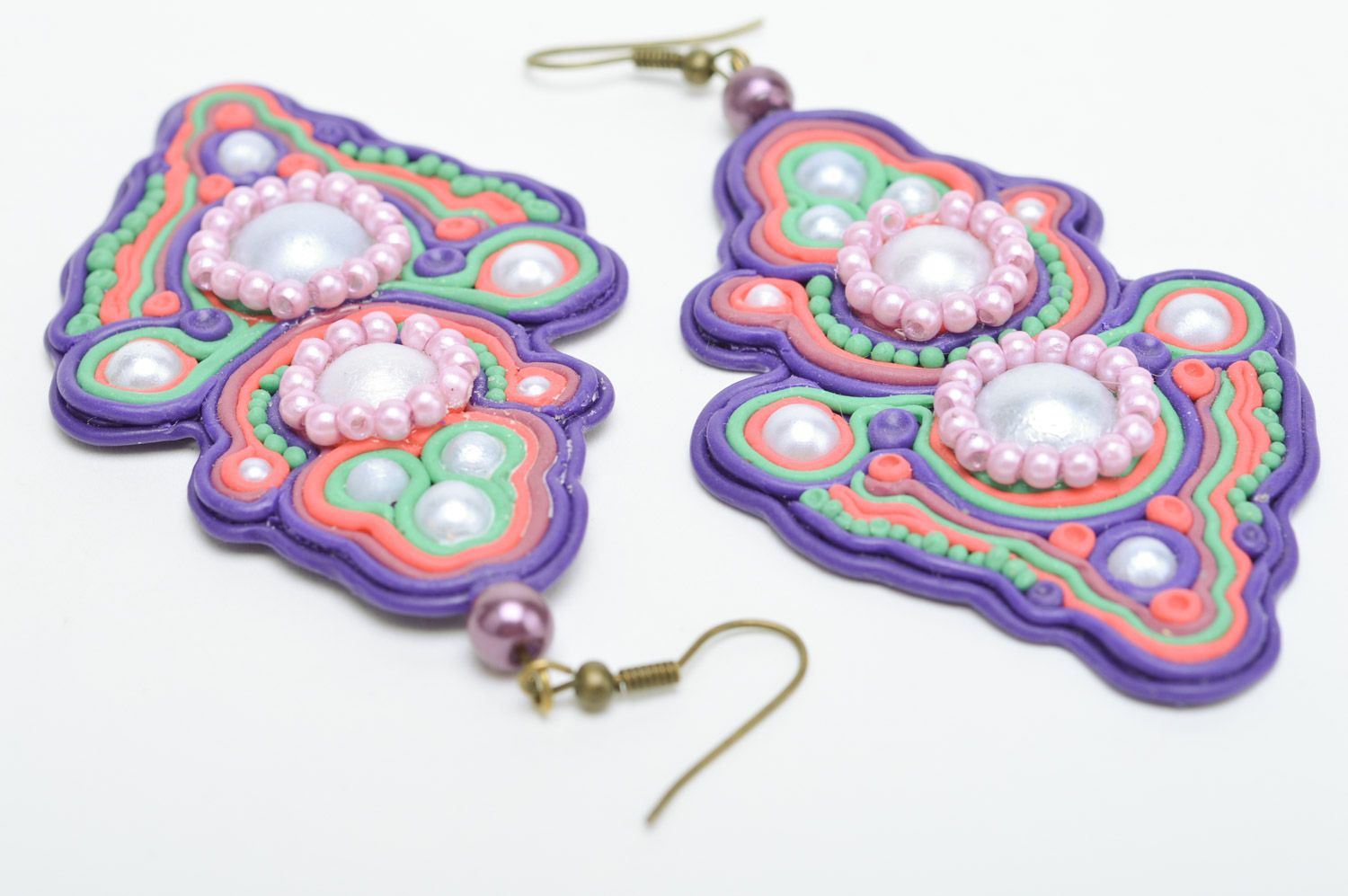Beautiful bright massive handmade polymer clay earrings in soutache style photo 5