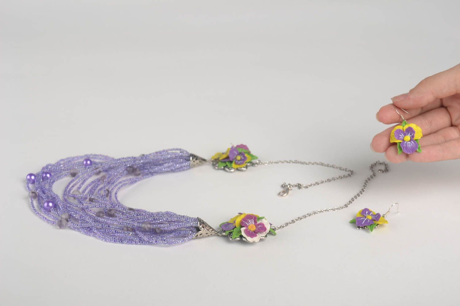 Bijoux fait main Collier fantaisie Boucles d'oreilles fleurs en argile photo 5