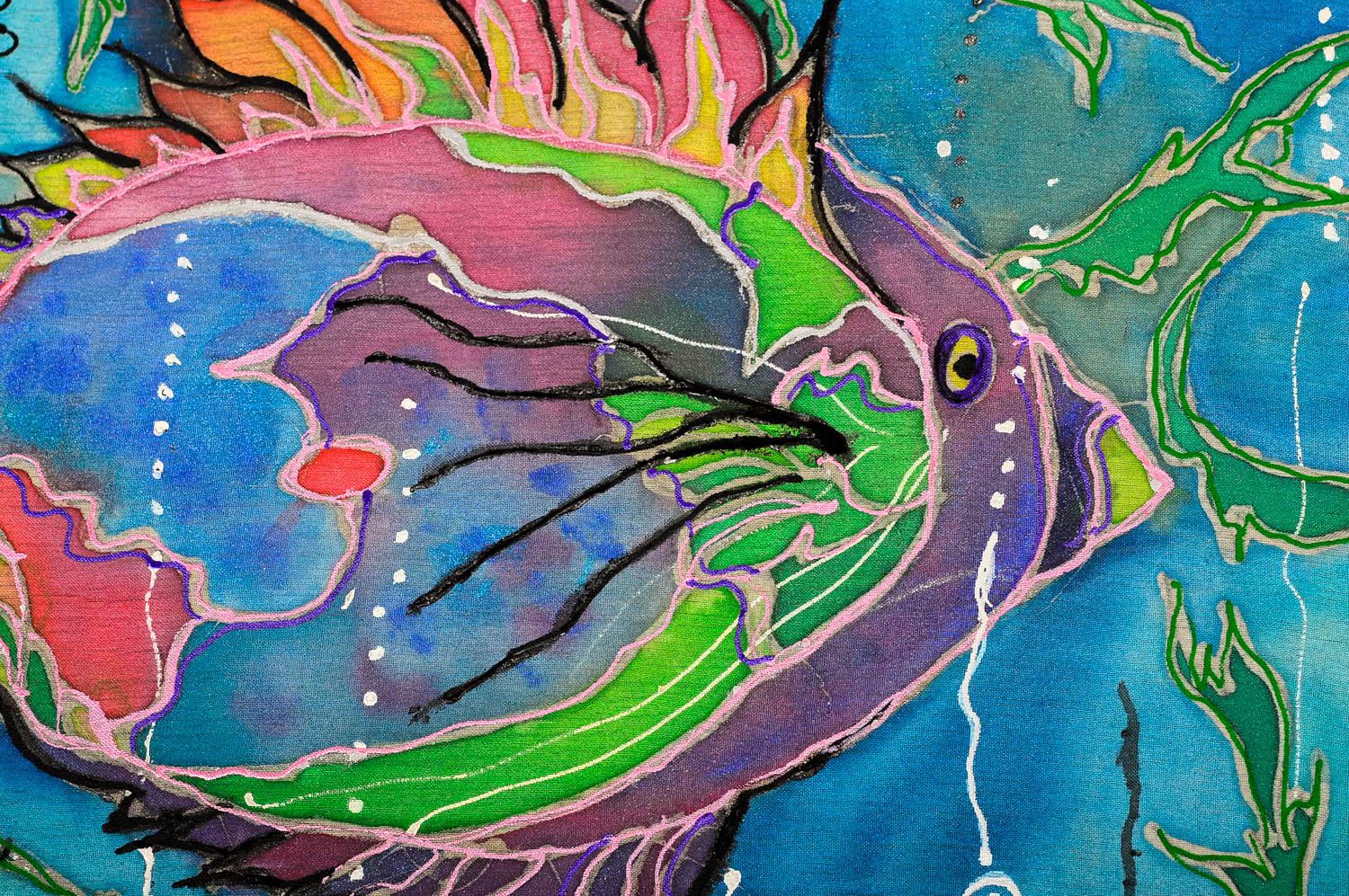 Картина из ткани ручной работы батик картина морская рыба дизайн стен яркий фото 4