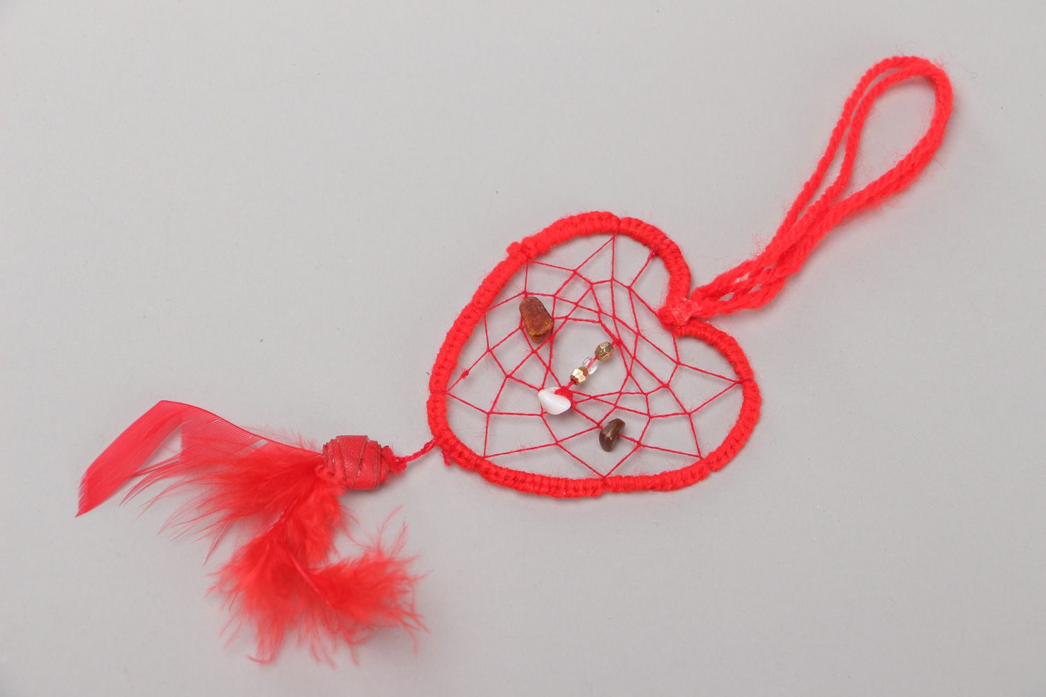 Handmade heart-shaped dreamcatcher wall hanging of red color with feathers photo 2
