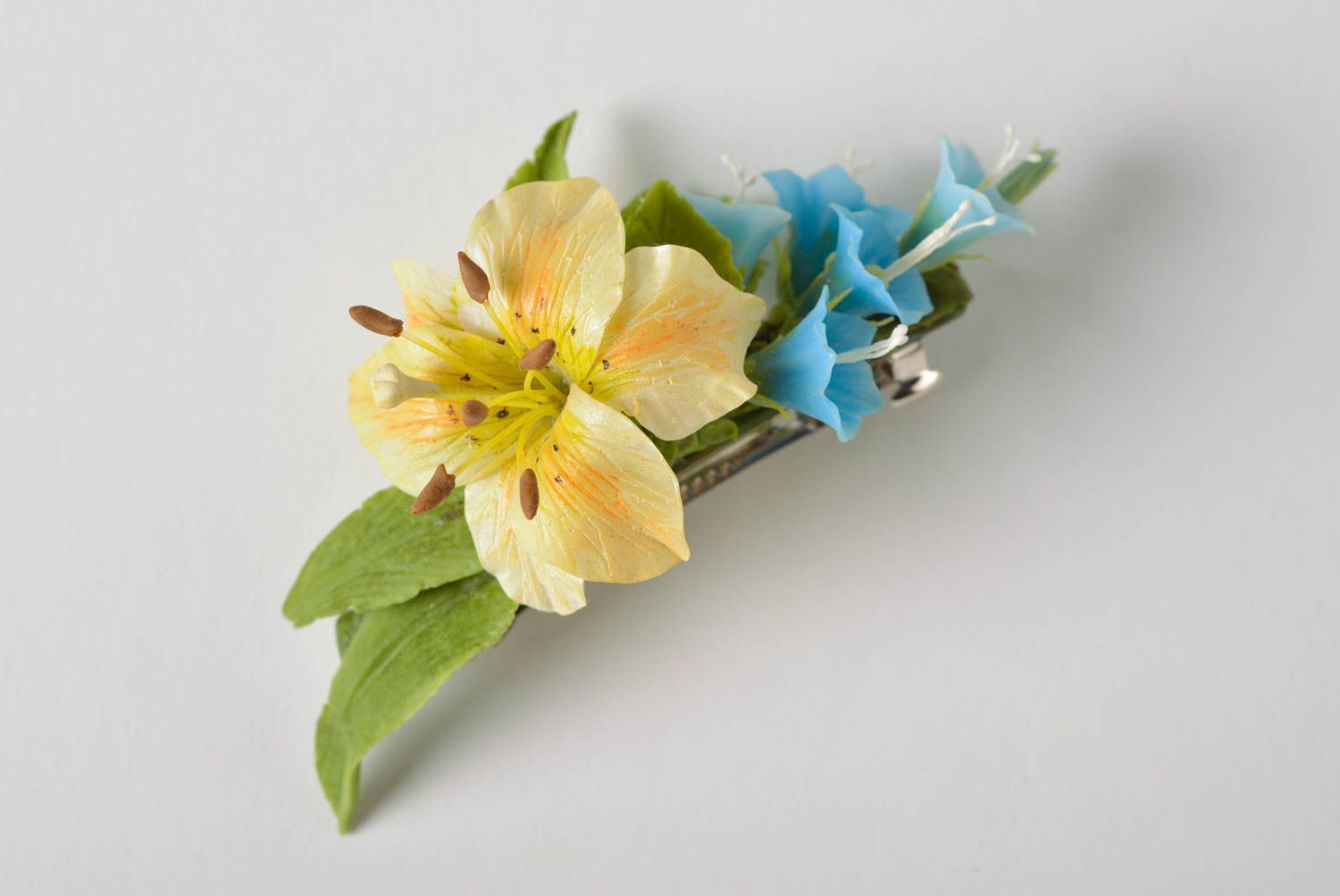 Handmade decorative hair clip with Japanese polymer clay blue flowers and lily photo 5