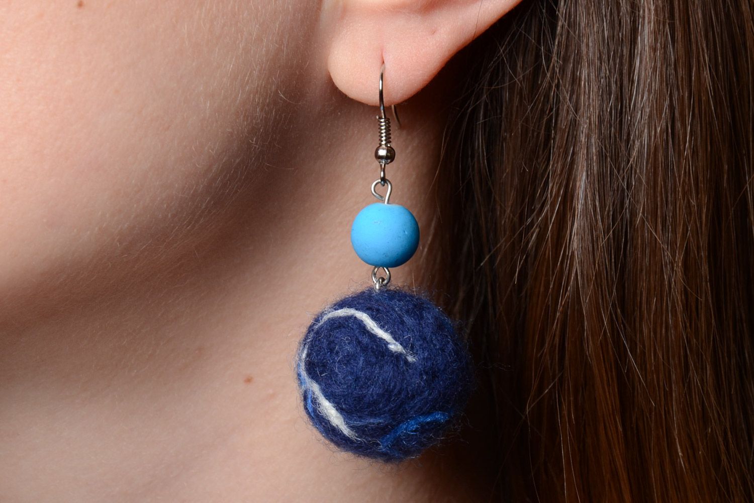 Handmade designer felted wool ball earrings of blue color women's accessory photo 1
