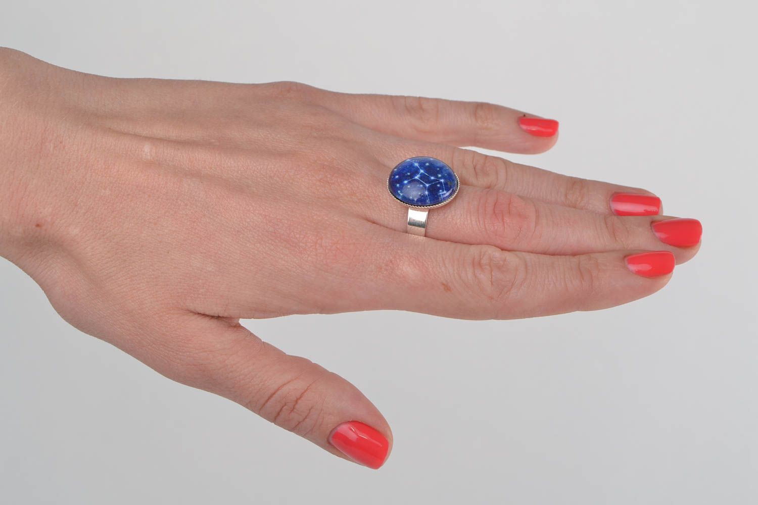Handgemachter Sternzeichen Ring aus Glas rund in Blau für Frauen Jungfrau foto 1