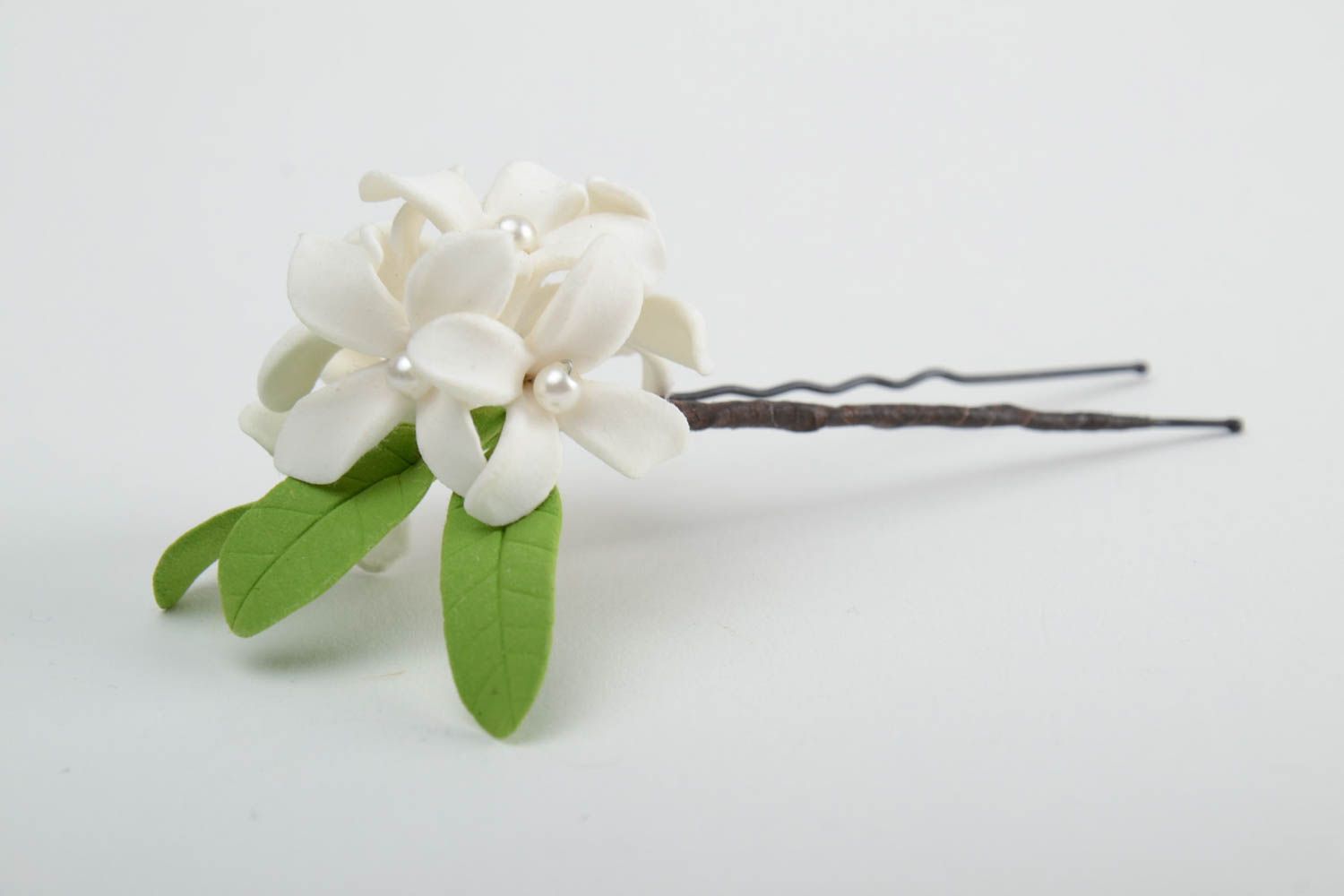 Handmade decorative metal hair pin with tender white self hardening clay flower photo 4