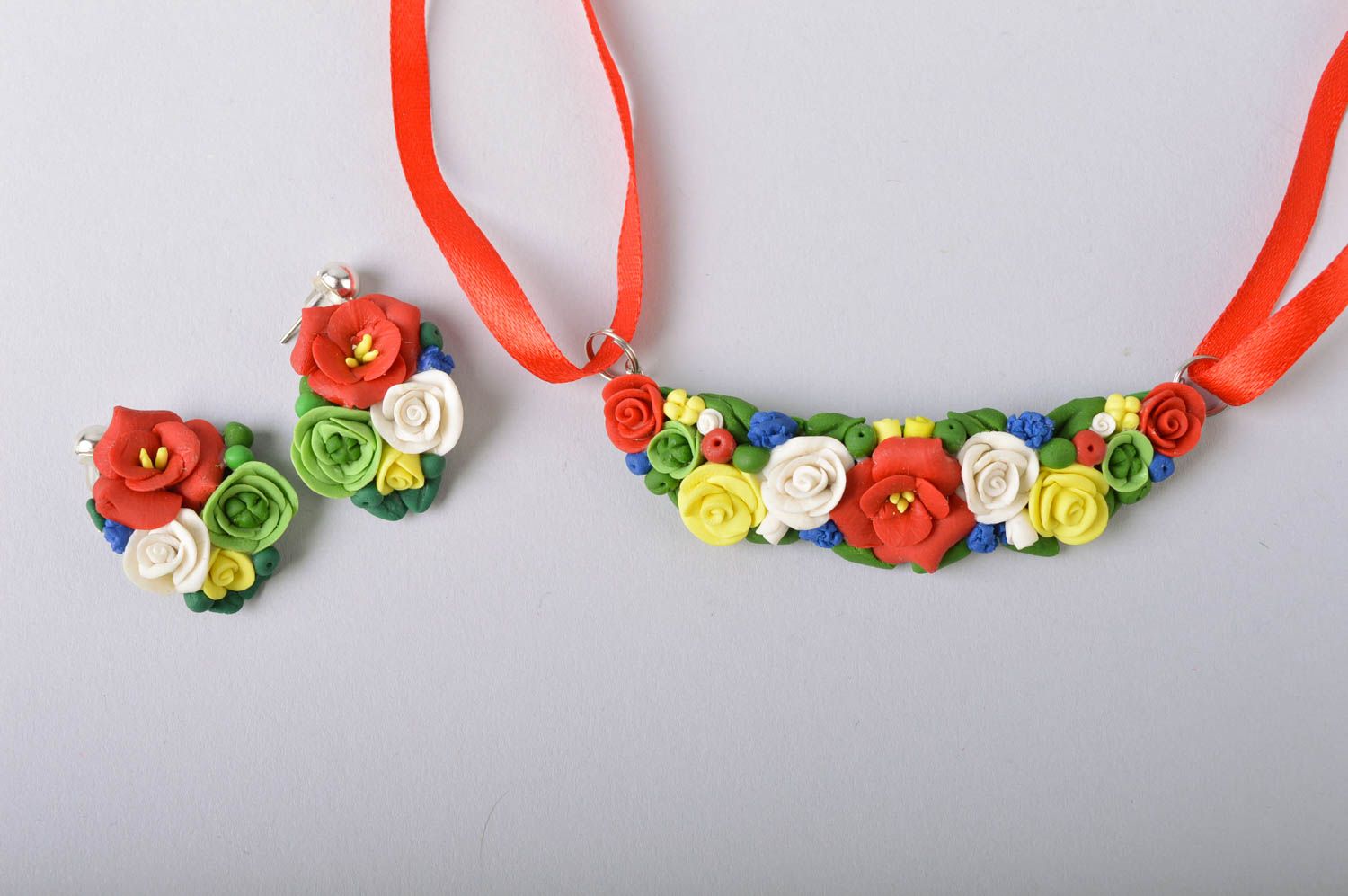 Handmade colorful floral cold porcelain jewelry set earrings and necklace photo 3