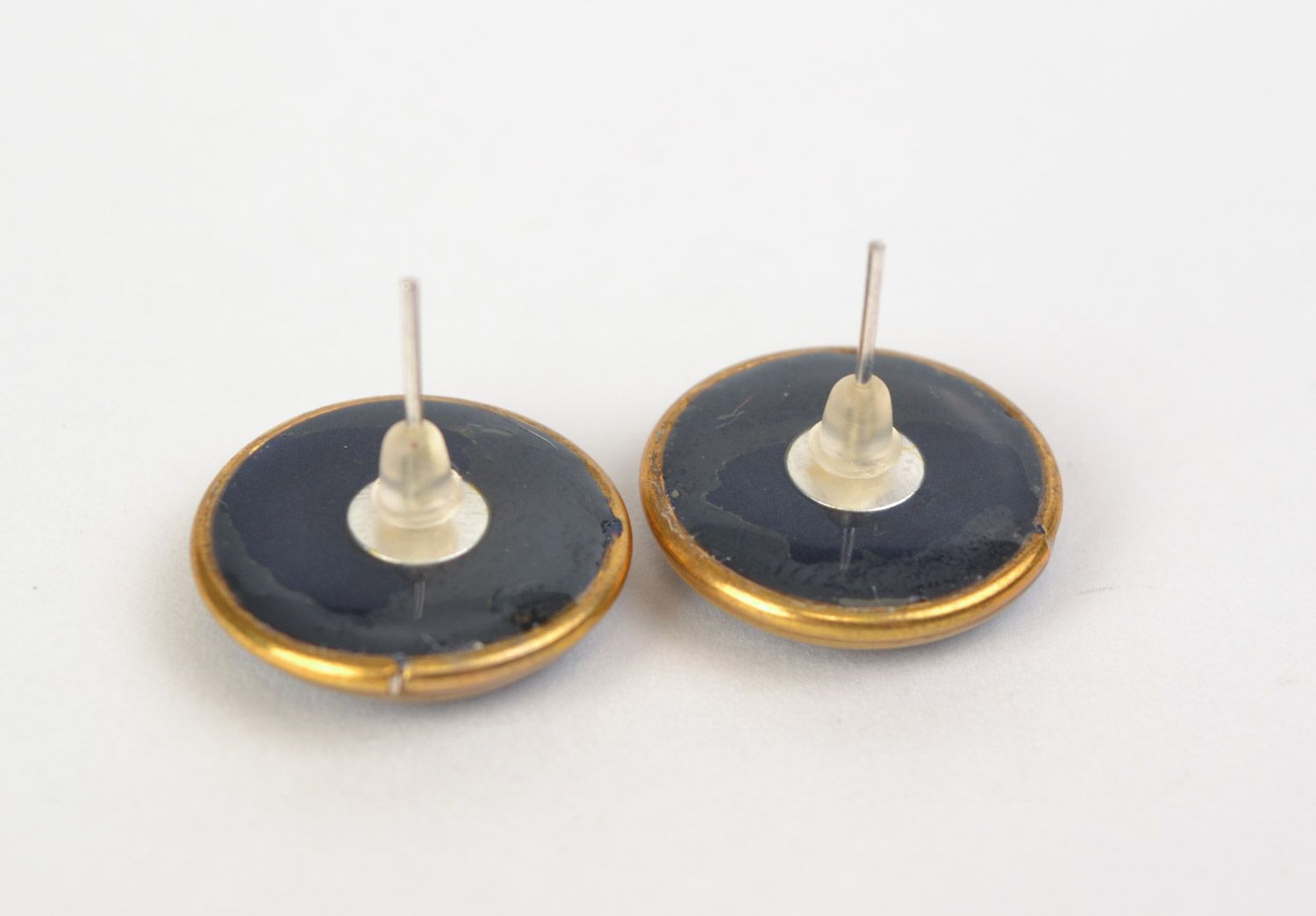 Handmade small stud earrings with jewelry glaze of dark blue color for women photo 4