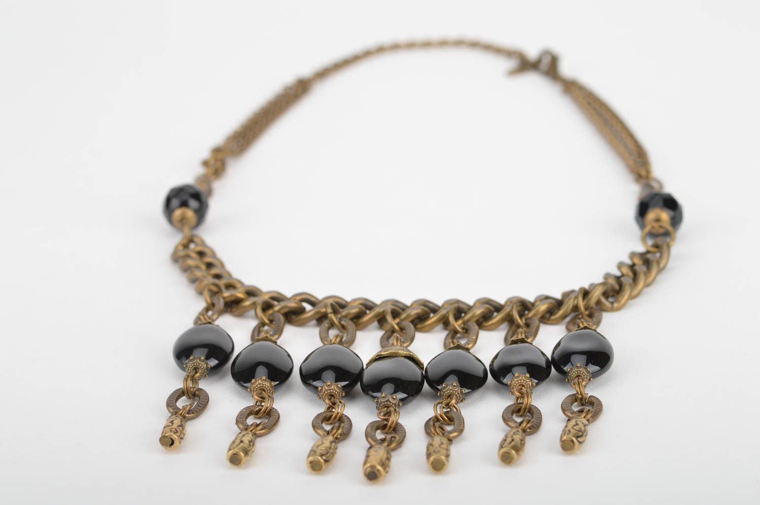 Handmade massive designer elegant metal chain necklace with large black beads photo 2