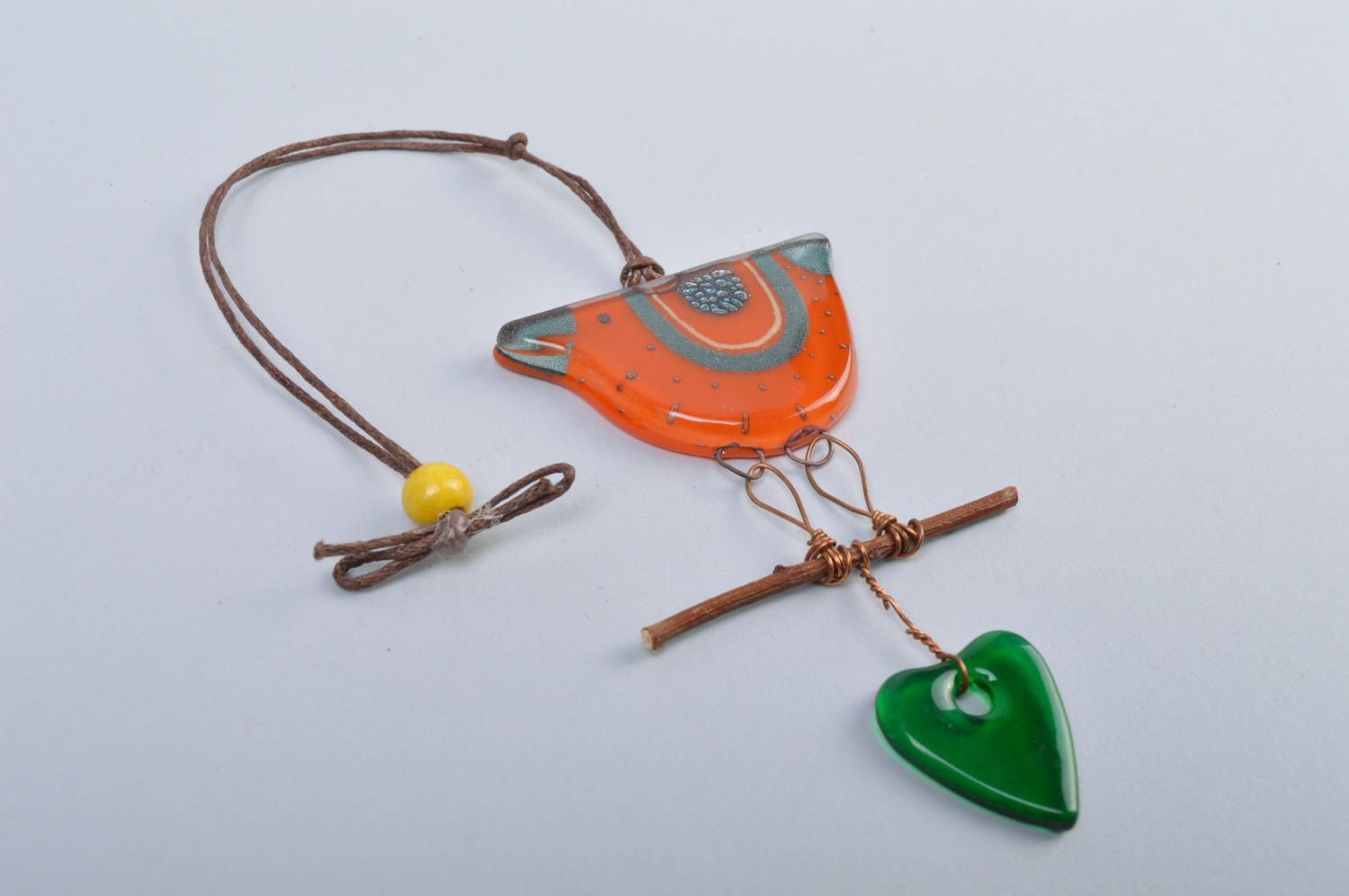 Handmade designer fused glass wall hanging orange bird and green heart photo 3
