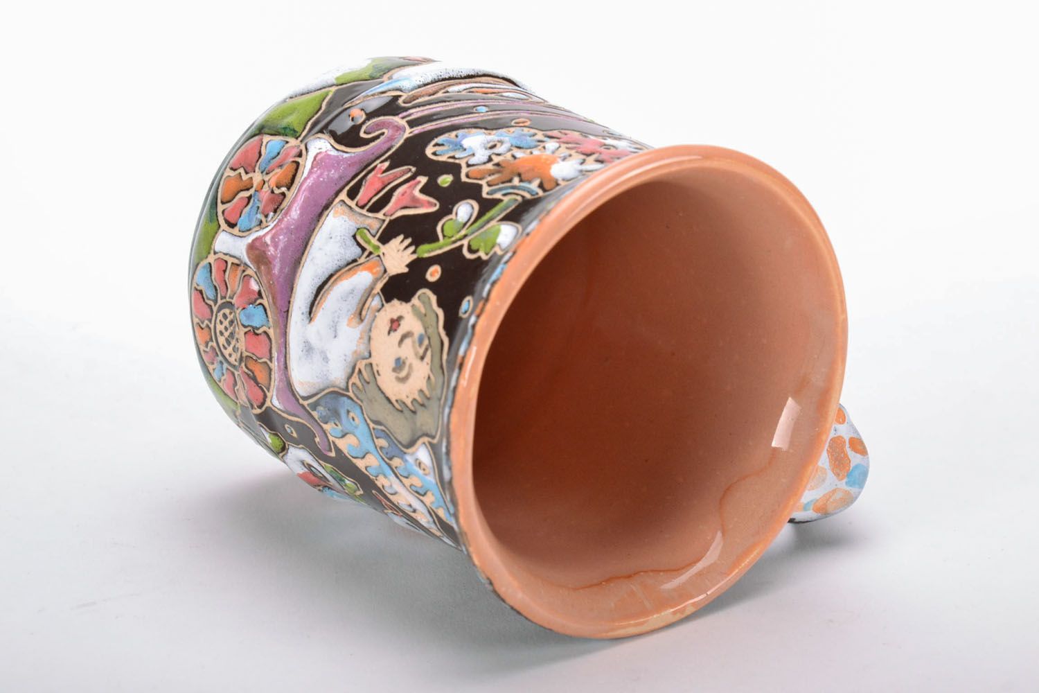 Decorative art glazed coffee mug with handle and funny goose pattern photo 3