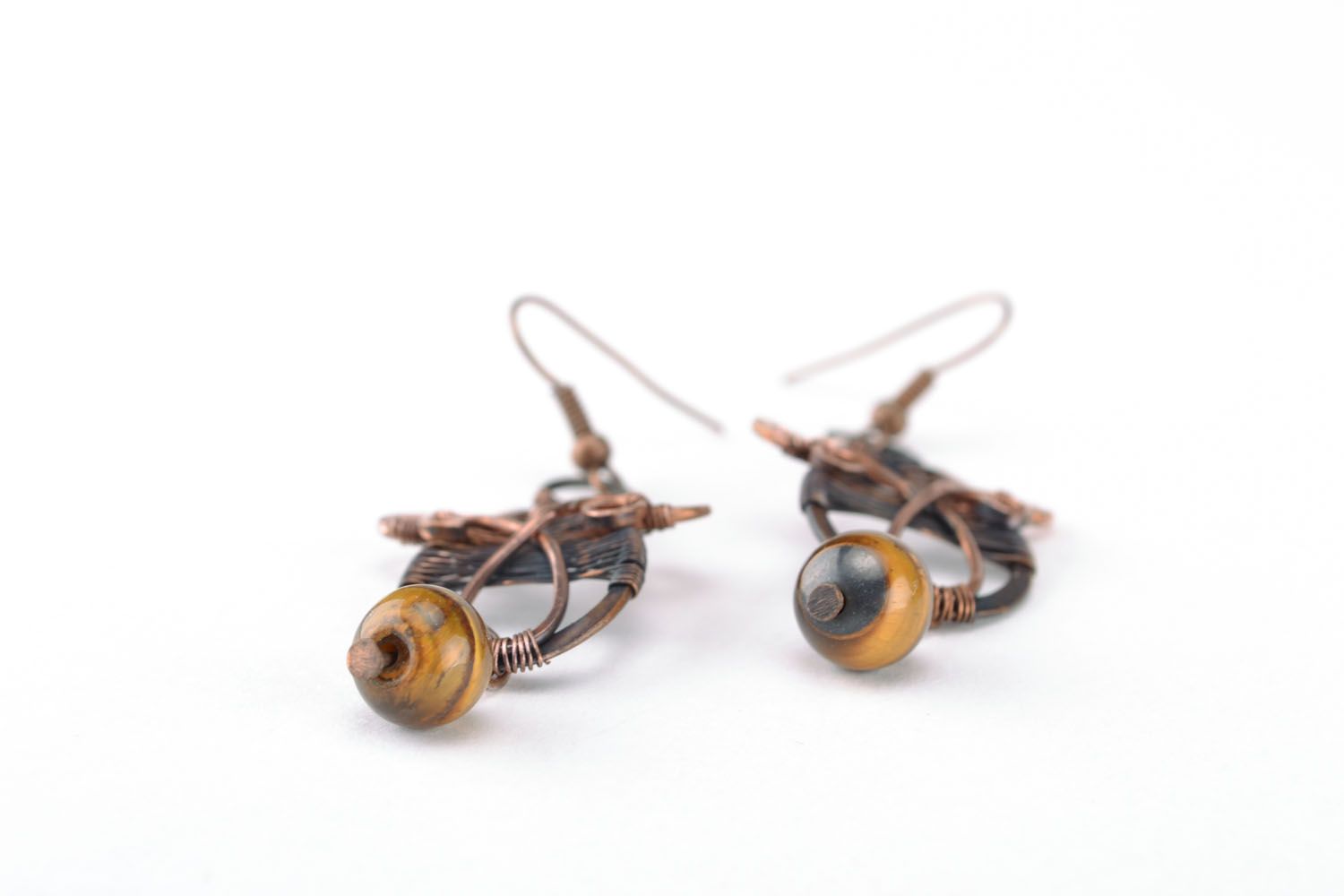 Copper earrings with tiger eye stone photo 2