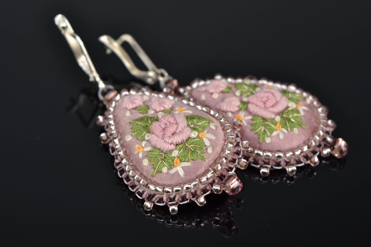 Satin stitch embroidered earrings with beads Pink Drop photo 1
