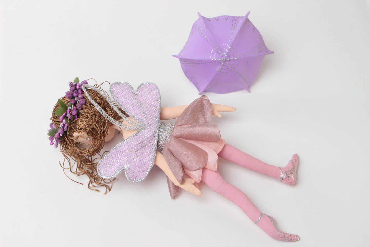 Poupée Fée avec parapluie coton couleurs acryliques originale faite main photo 4