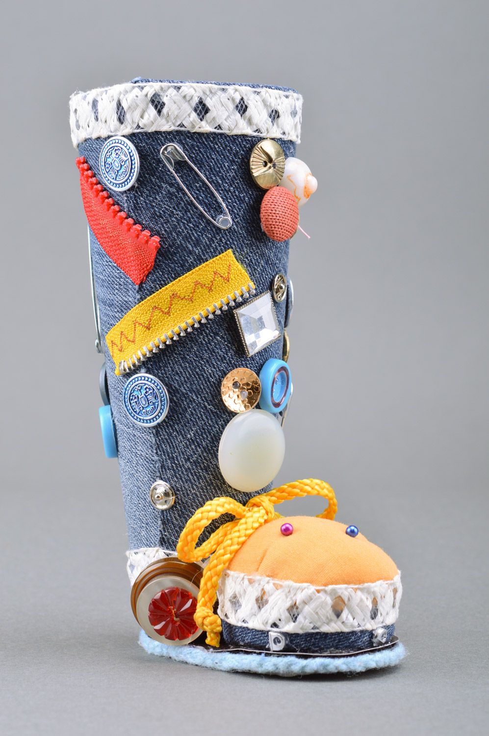 Handmade decorative denim organizer for sewing supplies and pincushion in one photo 5