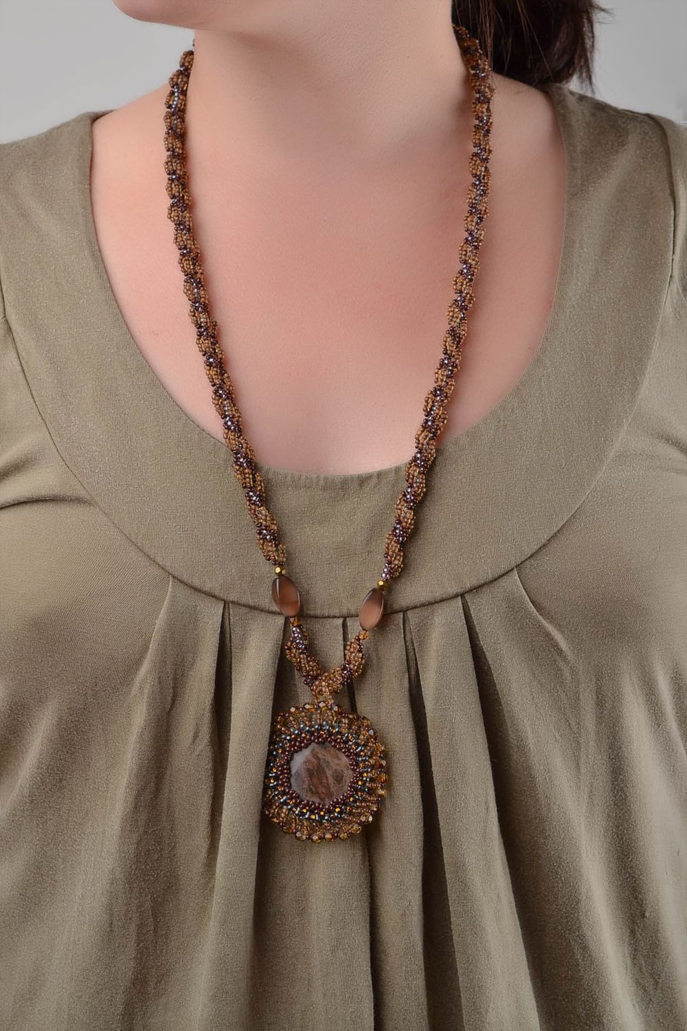 Handmade beaded pendant with natural stones long brown designer accessory photo 1