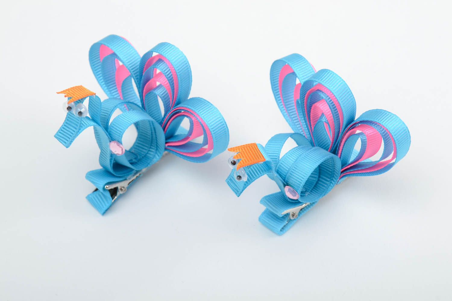Set of handmade decorative hair clips with volume rep ribbon peacocks 2 items photo 2