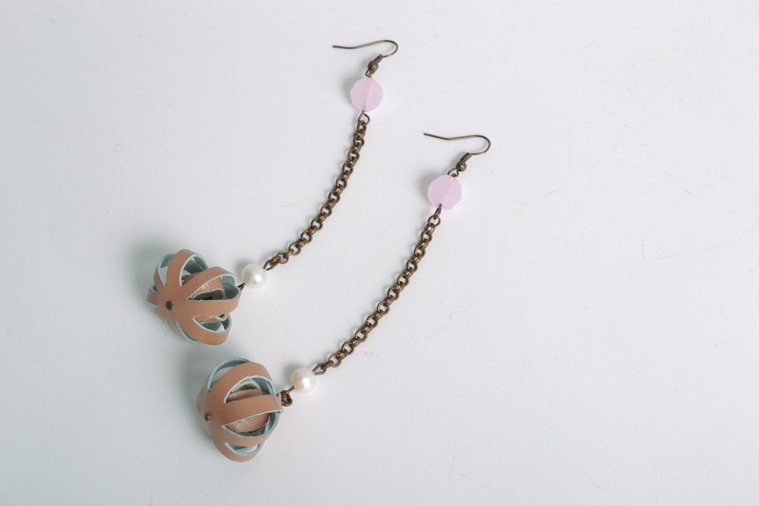 Handmade long earrings with leather charms and natural stones photo 2