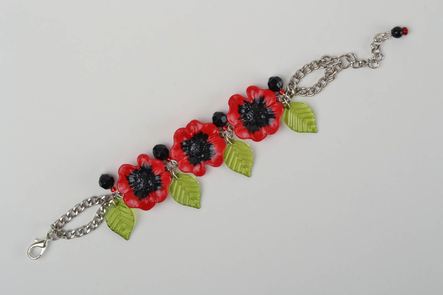 Handmade designer metal chain wrist bracelet with polymer clay red poppy flowers photo 4