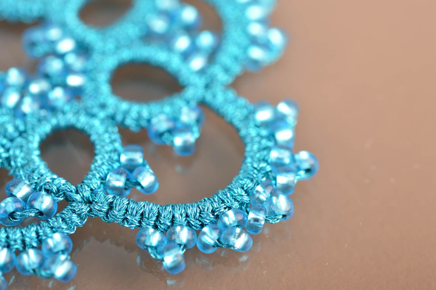 Unusual gentle handmade designer blue tatting lace earrings with beads photo 4