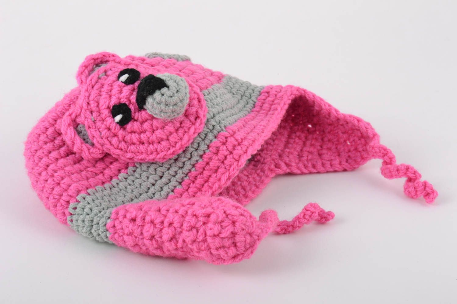 Handmade baby girl hat crocheted of pink and gray cotton threads with bear muzzle photo 5