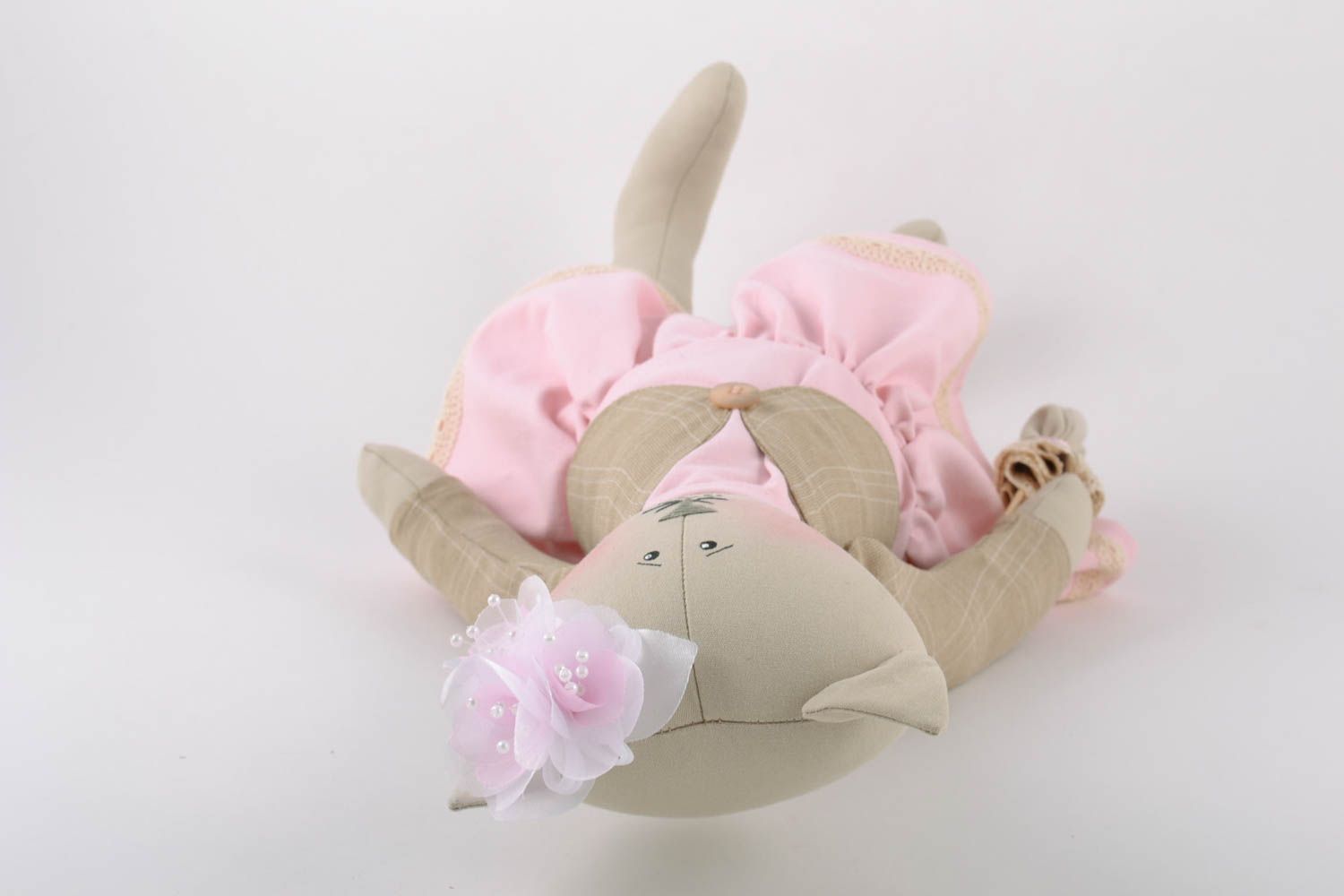 Handmade linen fabric small soft toy cat in pink sundress with flower hair cli photo 4