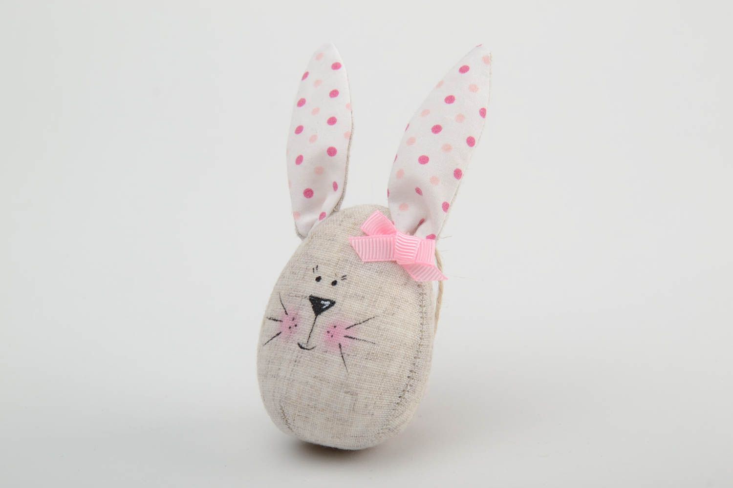 Small handmade wall hanging cotton fabric soft toy rabbit with pink bow  photo 2