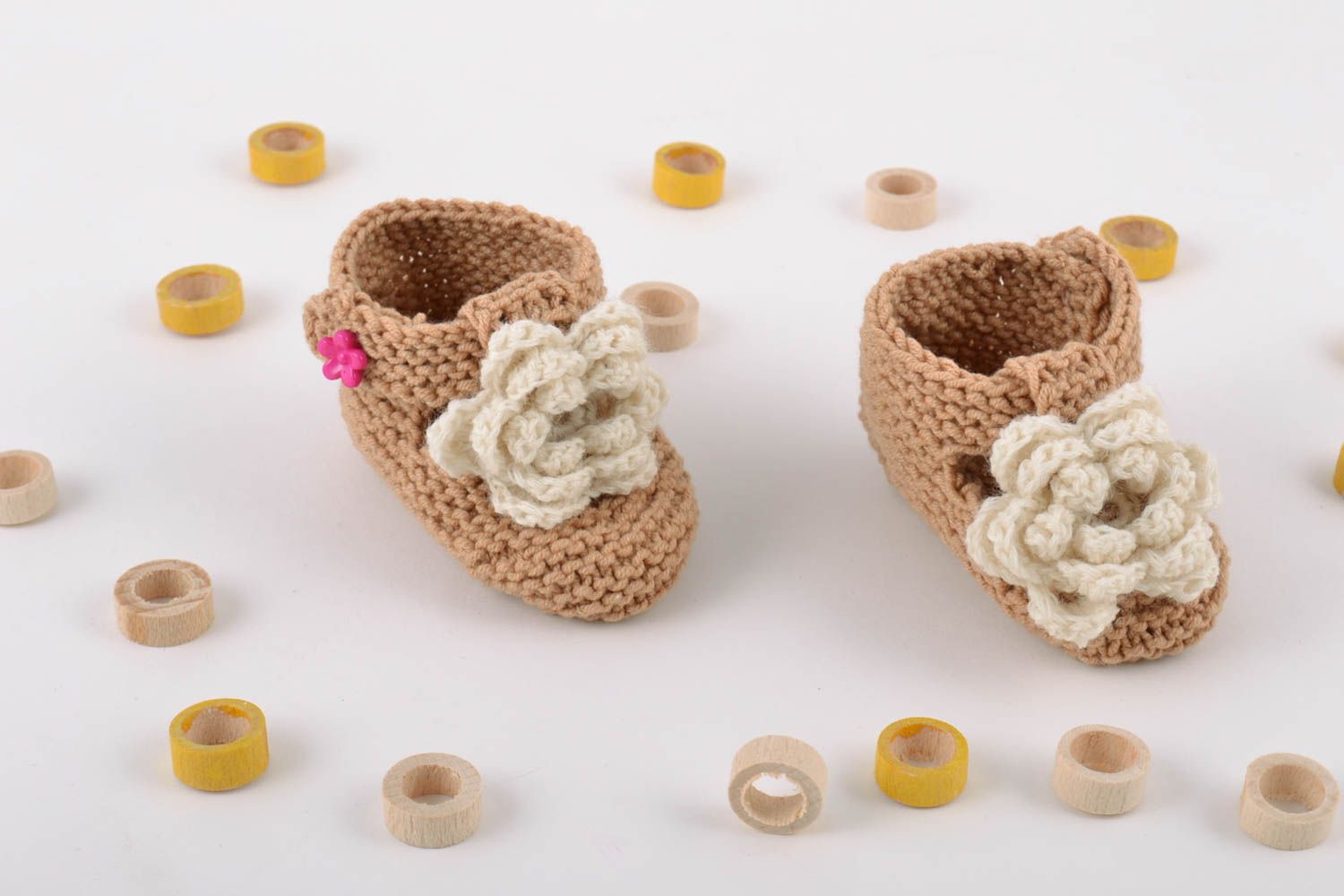 Handmade knitted brown booties made of cotton with flowers for babies photo 1