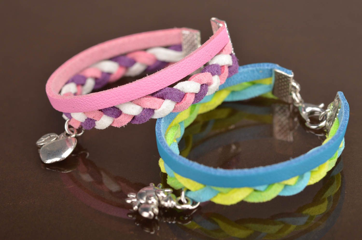 Set of 2 handmade colorful genuine leather and suede wrist bracelet with charms photo 5
