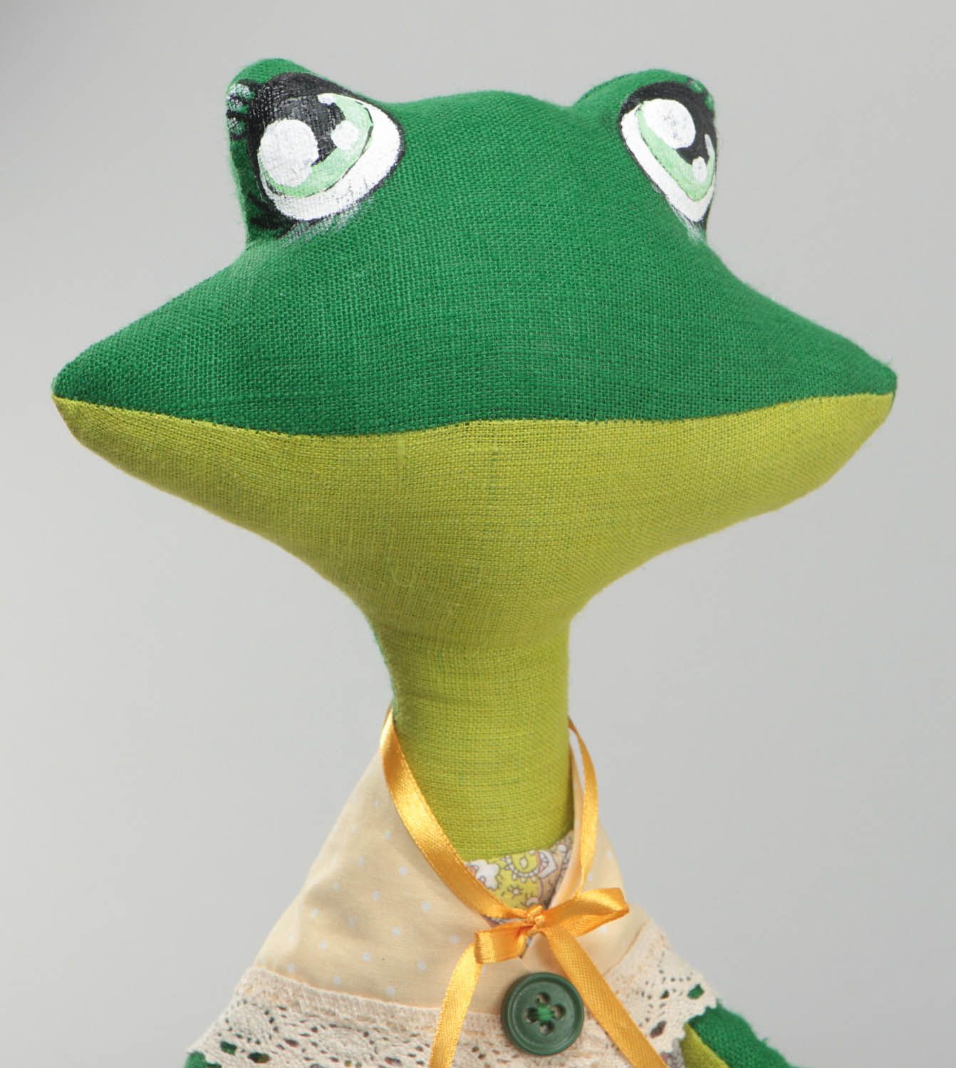 Funny handmade soft toy green frog painted with acrylics sewn of cotton and linen photo 3
