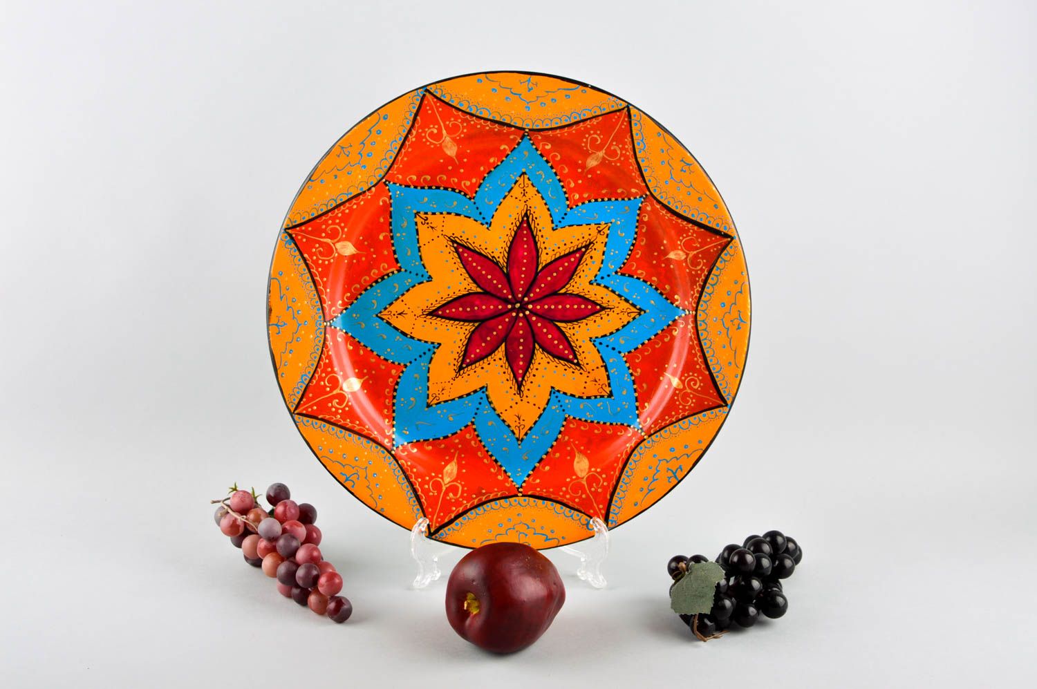Декоративная тарелка ручной работы расписная тарелка орнжевая красивая тарелка фото 1