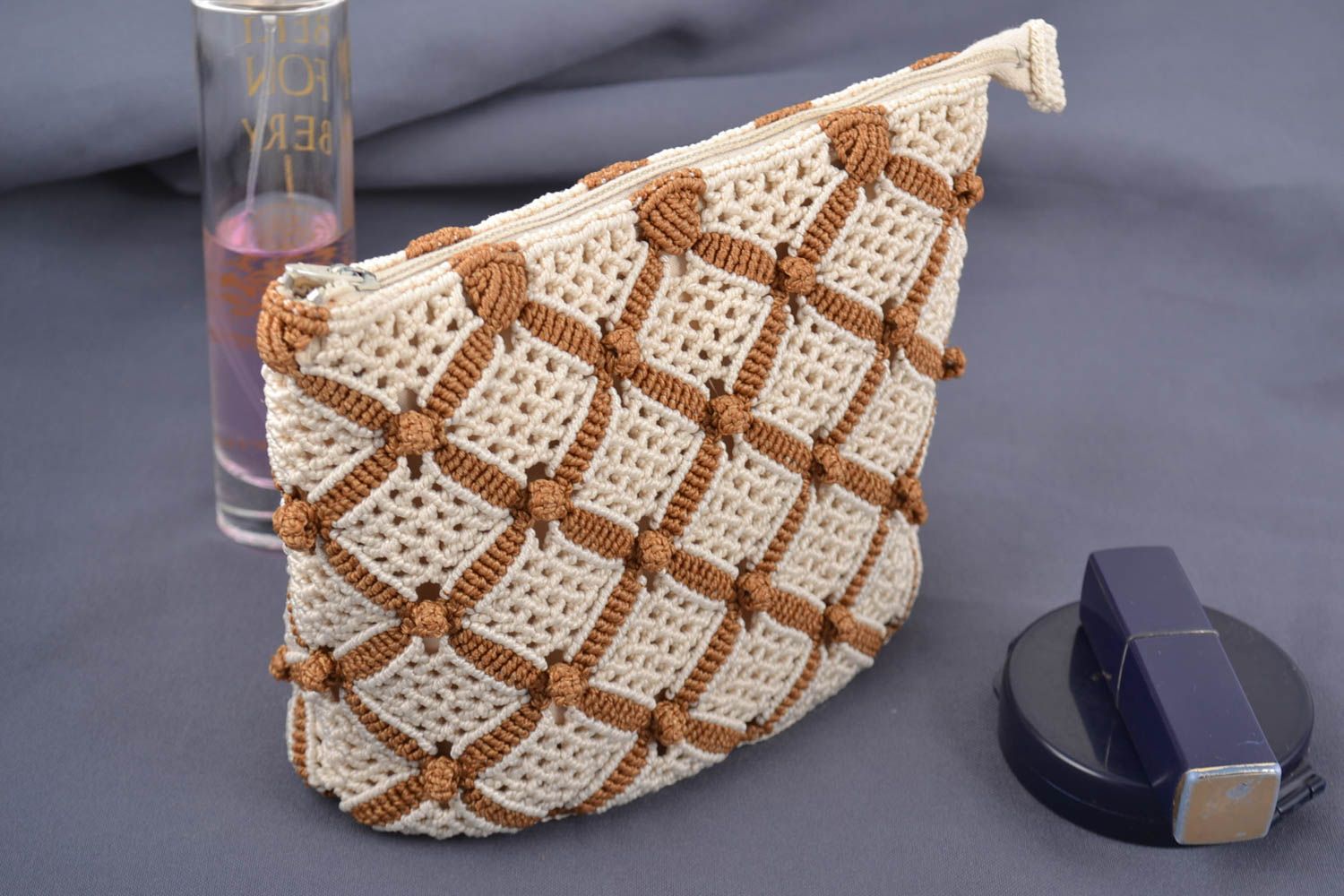 Handmade decorative small beige and brown macrame woven cosmetics bag photo 1