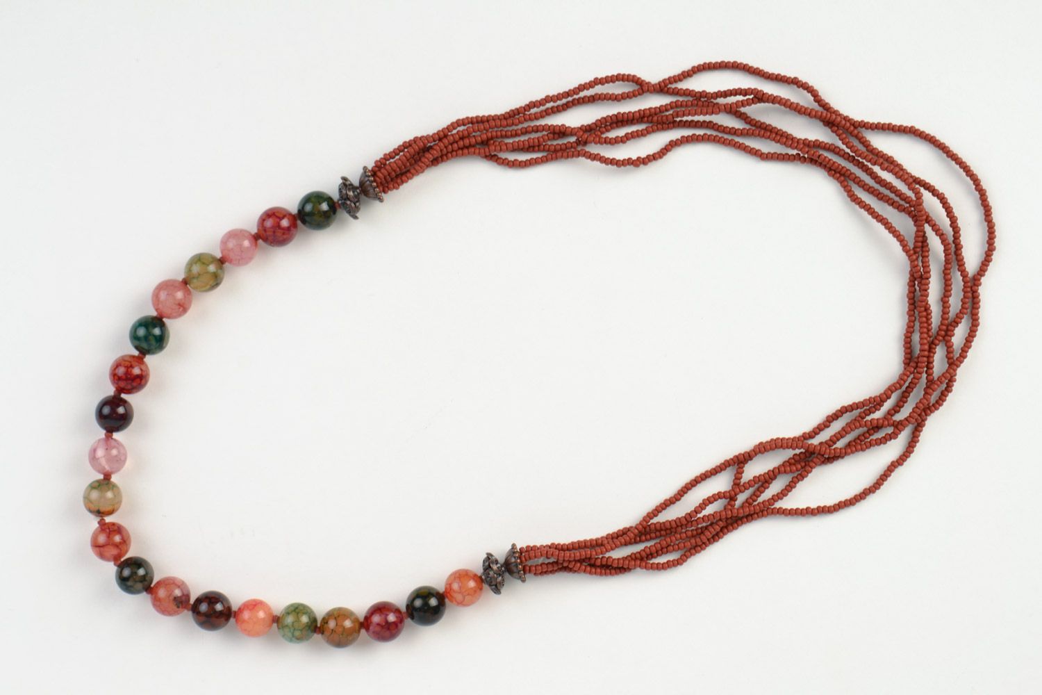 Multi-colored handmade necklace woven of natural stones and Czech beads photo 3