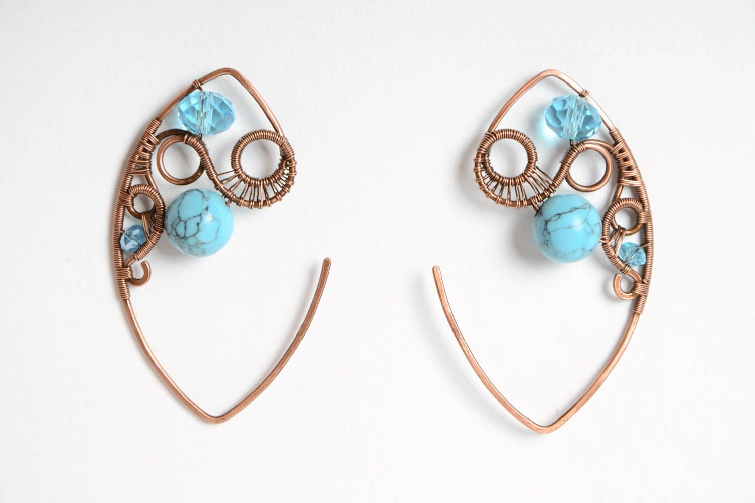 Handmade copper wire wrap earrings with natural turquoise and quartz beads photo 5