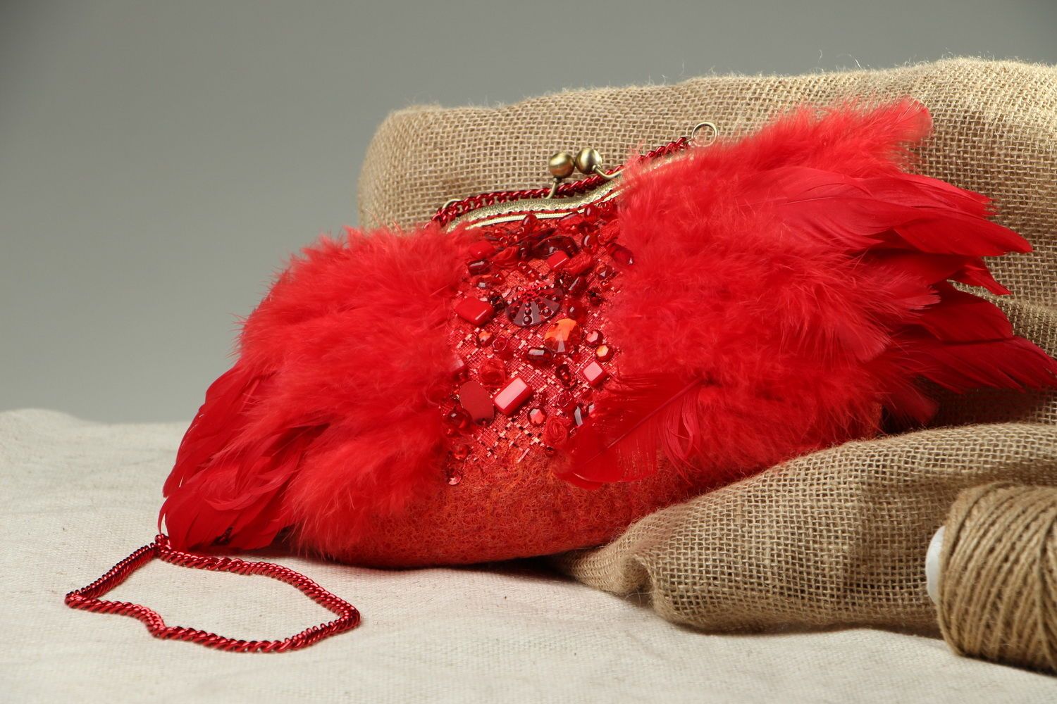 Kleine handgemachte Tasche aus Wolle Roter Flamingo foto 5