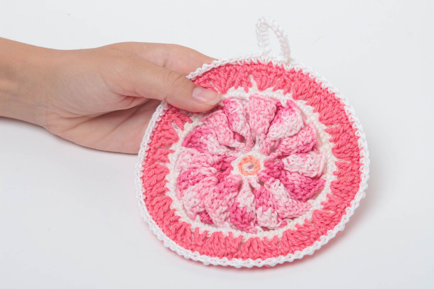 Handmade rosa Topflappen gehäkelt Küchen Textilien Haus Deko grell rund foto 5