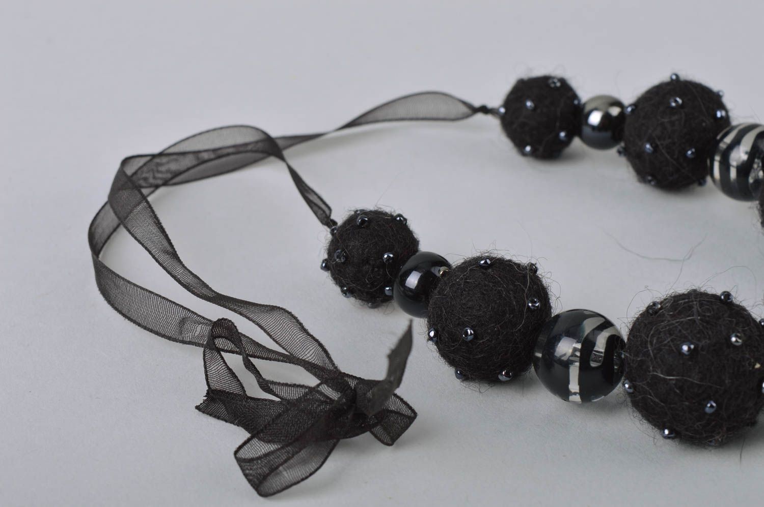 Necklace made of wool beads on organza ribbon with seed beads beautiful jewelry photo 5